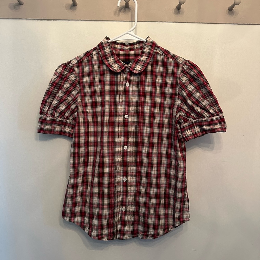 Ralph Lauren Plaid Pleated, Button-Up Short Sleeve Shirt with Peter Pan Collar